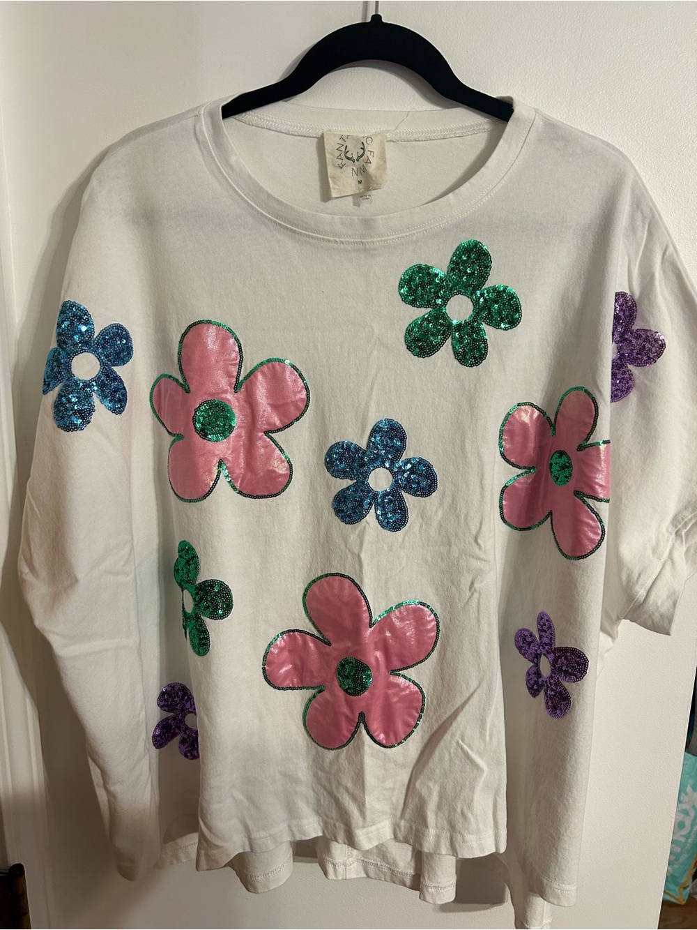 Fantastic Fawn White Tee with Pink Satin & Sparkle Floral Appliqués